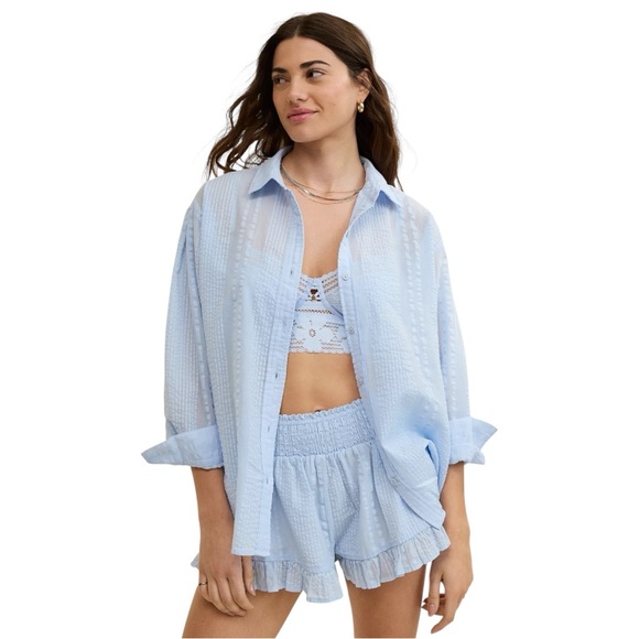 aerie Tops - Aerie Seersucker Coverup Shirt Women’s Lightweight Button Up Baby Blue Large